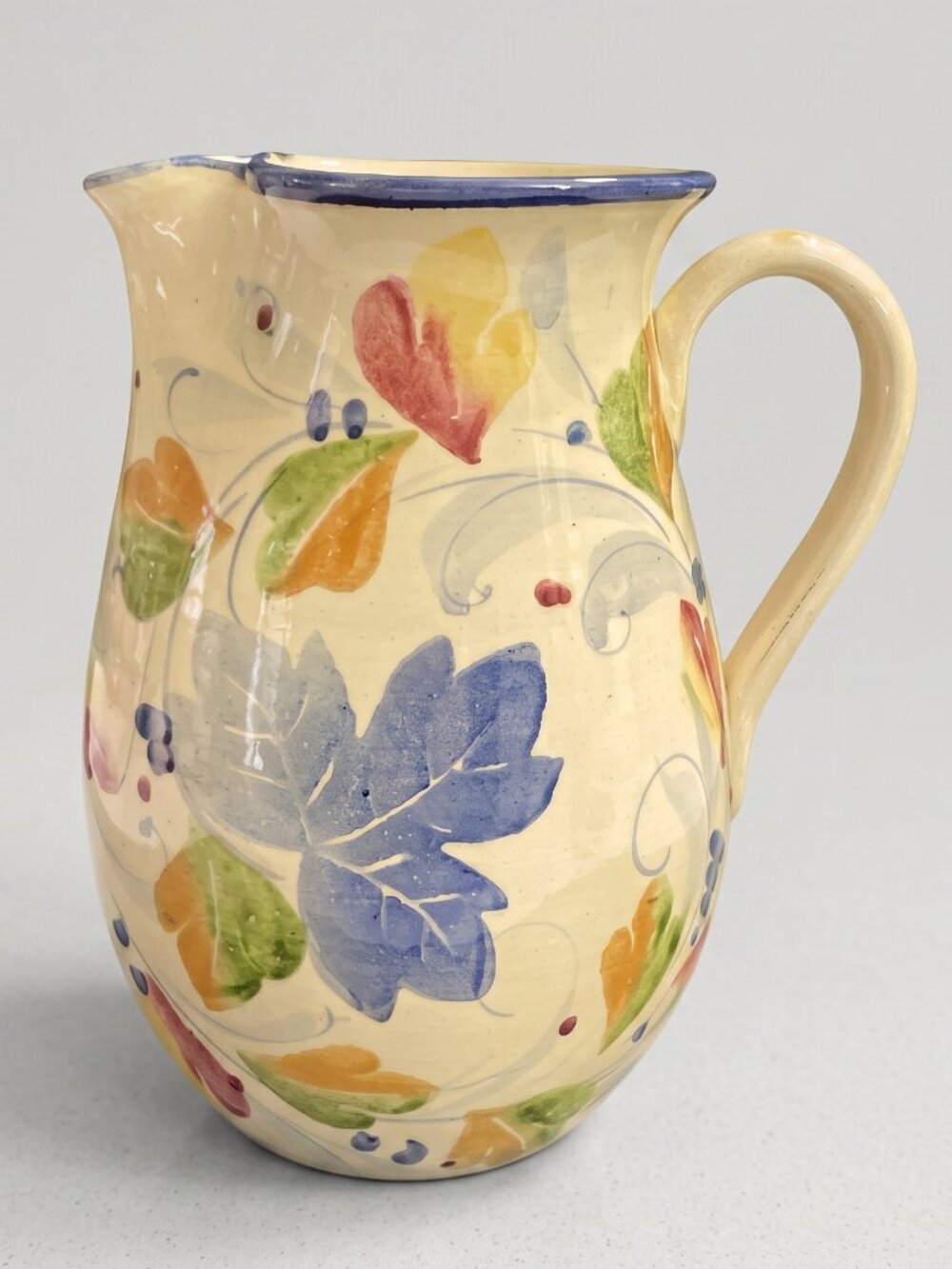 Ceramiche Alfa Italy Tuscan Ceramic Water Pitcher Leaf Berry Design 8.25” Tall